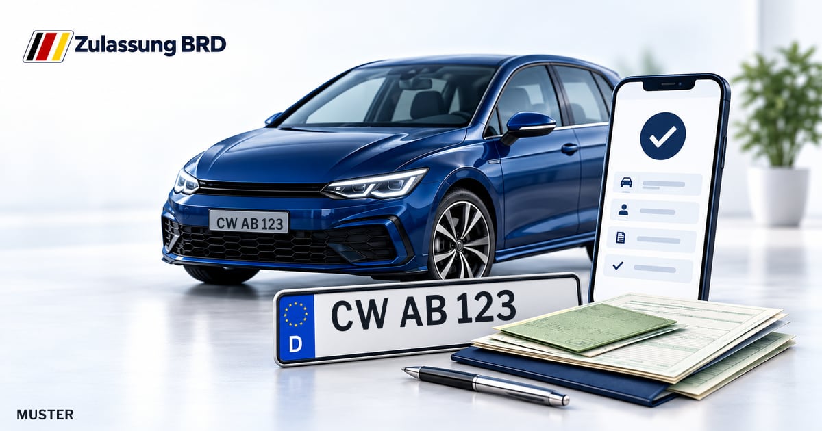 Online Fahrzeugzulassung in Altensteig: Musterkennzeichen CW AB 123, Auto und Fahrzeugpapiere und Smartphone. Illustration mit Logo von Zulassung BRD.